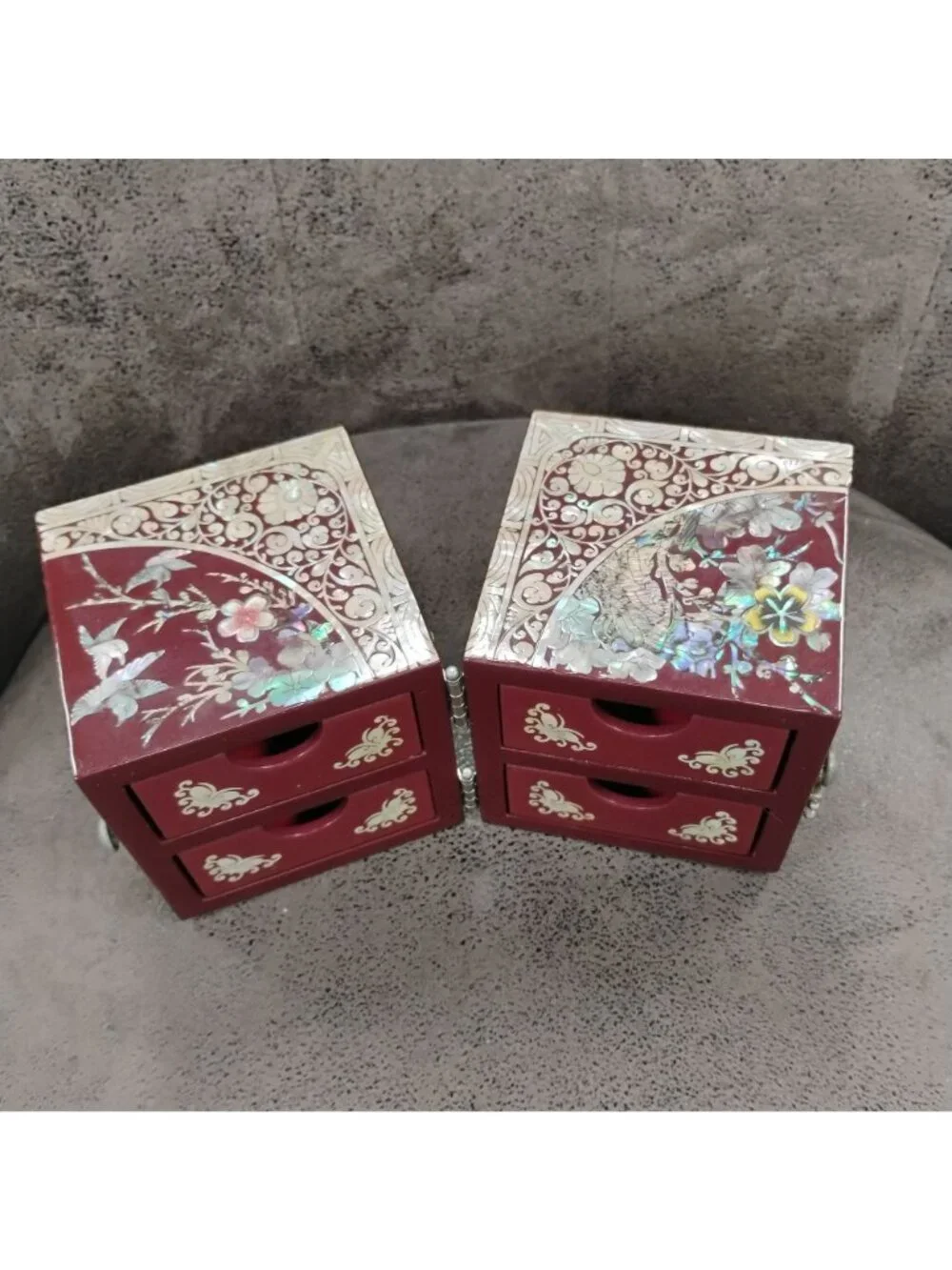 Vintage Korean Mother of Pearl Jewelry Box Red Lacquerware Folding 4 Drawer